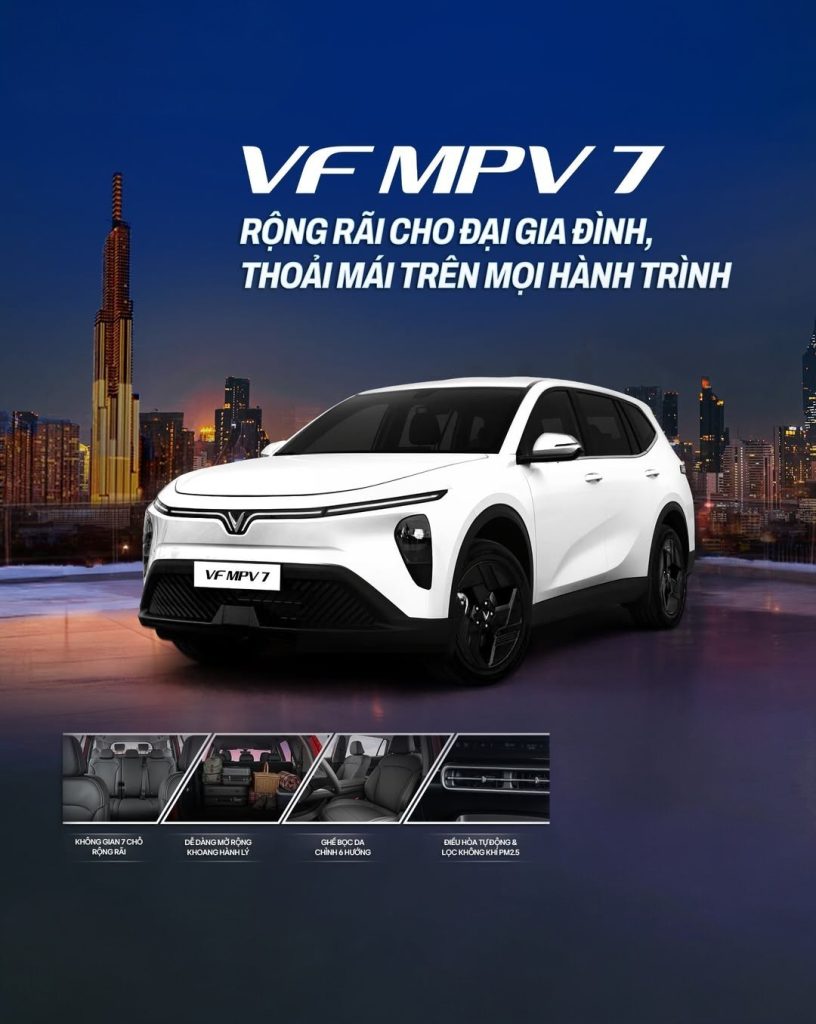 Không gian rộng rãi luôn là yếu tố giúp mỗi chuyến đi cùng gia đình trở nên thoải mái và dễ chịu hơn. MPV 7 được thiết kế với khoang nội thất 7 chỗ cùng bố trí ghế linh hoạt, mang đến sự tiện nghi cho mọi thành viên trên mỗi hành trình. Dễ dàng sở hữu ngay chiếc xe cho gia đình với mức ưu đãi hấp dẫn theo chương trình Thu Xăng Đổi Điện:
